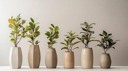 A group of four vases with plants in them.