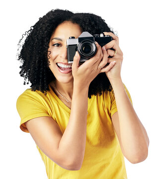 Portrait, woman and smile with camera for photography, lens or picture for memory. Female model, happy and hand with equipment for creative career on isolated or a transparent png background in Cuba