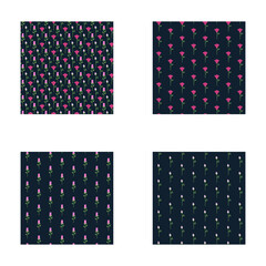 Floral seamless patterns cute bundle. Set with pink flowers on a dark blue background. Can be used for fabric, textile, clothing, wallpapers or scrap booking. Vector illustration.