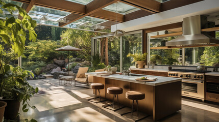 A contemporary open-plan kitchen with marble counterto