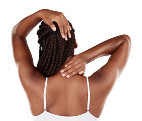 Neck pain, hand and rear view of woman with problem on isolated, transparent or png background. Shoulder, injury and behind female model with spine massage for arthritis, fibromyalgia or osteoporosis