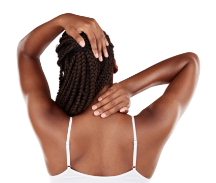 Neck pain, hand and rear view of woman with problem on isolated, transparent or png background. Shoulder, injury and behind female model with spine massage for arthritis, fibromyalgia or osteoporosis - Powered by Adobe