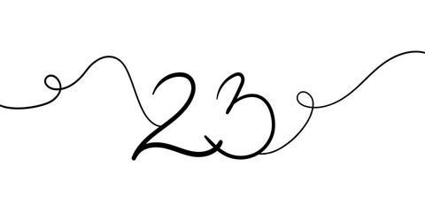 Number 23 line art drawing on white background. 23th birthday continuous drawing contour. Minimal vector illustration