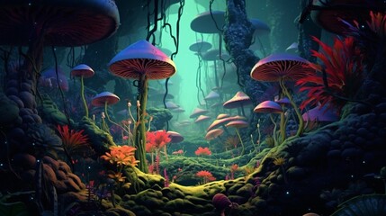 Fototapeta na wymiar Beautiful kingdom glowing mushroom macro photography image AI generated art