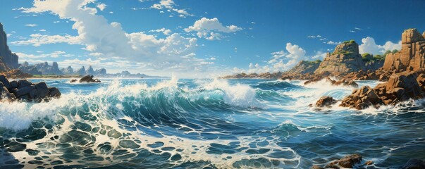 AI generated illustration of a landscape painting of a rocky coastline with rolling waves - obrazy, fototapety, plakaty