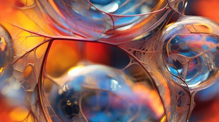  a close up of a bunch of bubbles on top of a red and yellow table cloth with a blue and orange background.  generative ai