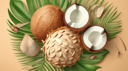 Fototapeta na wymiar Coconuts and leaves on a beige background.