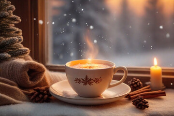 cup of coffee with cinnamon sticks and christmas tree, ai generative, cozy winter vibe, warm winter scene