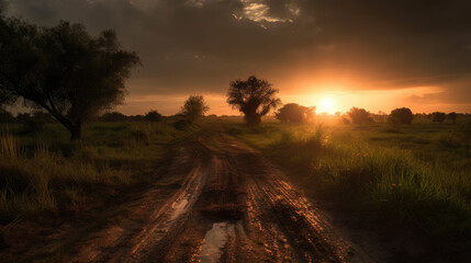Sun is setting over a dirt road in the middle of a grassy field.