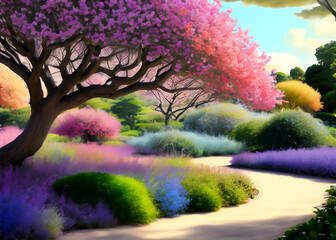 Pink and Purple Flowering Trees in a Garden