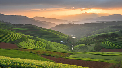 A beautiful view of a green valley with mountains in the background