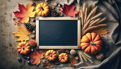 Thanksgiving background with vibrant autumn leaves, pumpkins, wheat, and a blank chalkboard.  Generative AI.