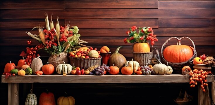 Thanksgiving harvest display scene with an array of pumpkins, vibrant fruits and vegetables, and autumn foliage against a rustic wooden backdrop, evoking cozy festive vibes. Generative AI.