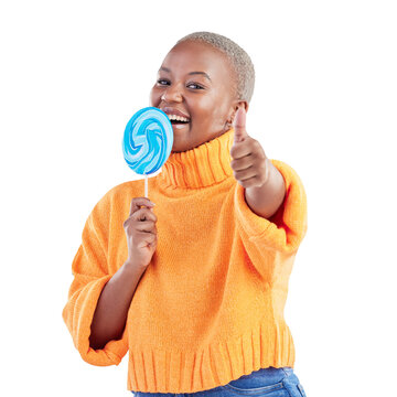 Lollipop, thumbs up and portrait of black woman with candy in studio for sweet, blue and creative advertising. Happy, young and African female person with sugar isolated by transparent png background