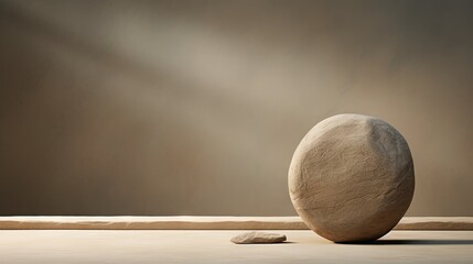  a rock sitting on top of a wooden floor next to a light shining down on the ground and a rock in the middle of the floor.  generative ai