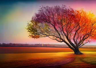 tree in a colorful field at sunset