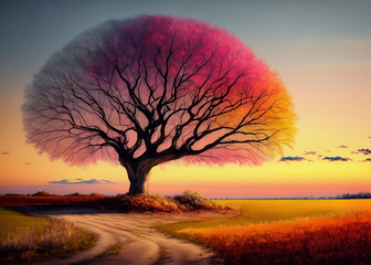 A Tree with a Colorful Canopy at Sunset