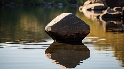  a rock sitting in the middle of a body of water with a reflection of it on the surface of the water.  generative ai