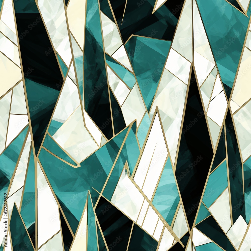 Poster geometric abstract with teal and gold triangles. seamless pattern. modern and dynamic design for con