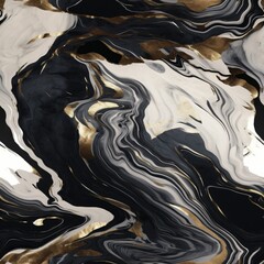 Obraz premium Fluid abstract marbling in black, gold, and white. Seamless pattern. Ideal for sophisticated wallpaper, luxury packaging designs, or artistic backgrounds
