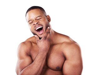 Tired, yawn and face of black man with fitness, wellness and muscle for exercise isolated on png...
