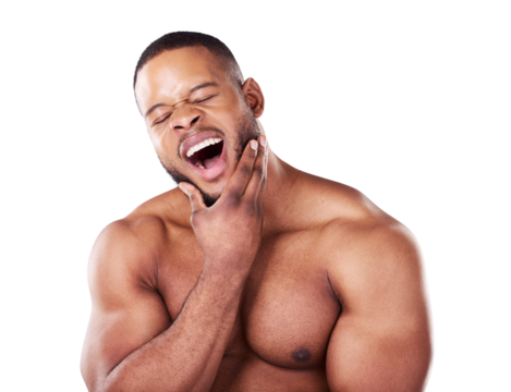Tired, yawn and face of black man with fitness, wellness and muscle for exercise isolated on png transparent background. Health, model and an African person with fatigue from workout or training