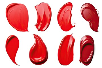 Set of scarlet red lipstick or nail polish smears strokes isolated on white background - obrazy, fototapety, plakaty