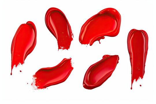 Set of scarlet red lipstick or nail polish smears strokes isolated on white background