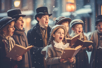 Caroling ensemble in festive attire sings traditional Christmas carols on a snowy street