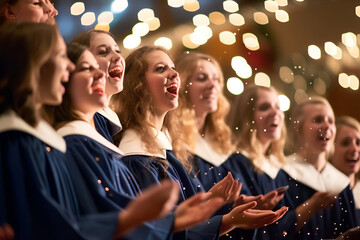 Girls in the church choir singing Christmas carols - obrazy, fototapety, plakaty