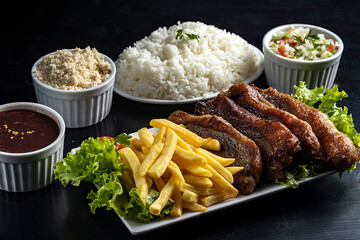 barbecue with fries and rice
