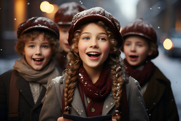 Carolers in vintage attire sing traditional Christmas songs outdoors - obrazy, fototapety, plakaty