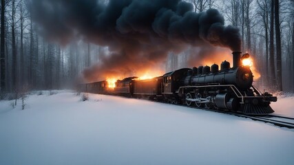 steam train in the snow _An on fire, burning, exploding, steam train engine on fire, a foggy night in the winter.   - obrazy, fototapety, plakaty