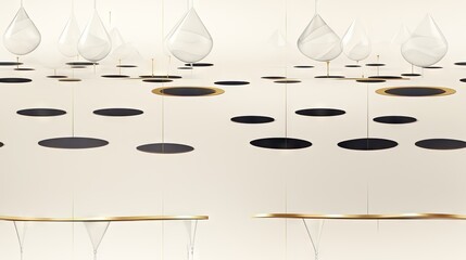  a group of vases hanging from a ceiling in a room with white walls and black circles on the ceiling.  generative ai