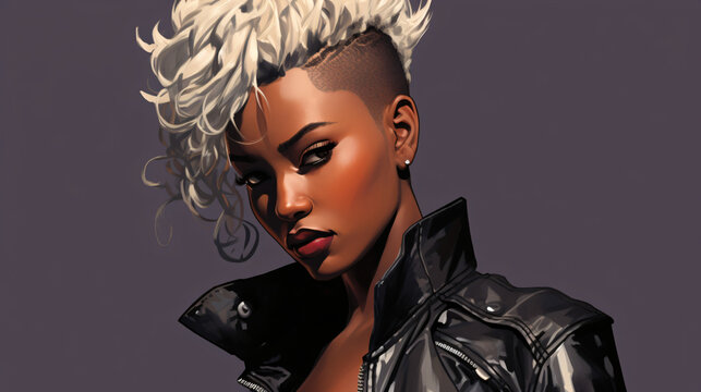 A digital painting of a black woman with white hair in a black leather jacket