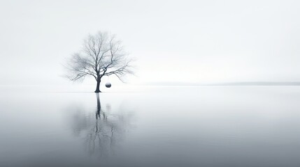  a lone tree in the middle of a large body of water with a ball hanging from it's branches.  generative ai