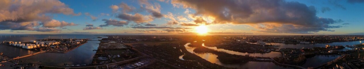 Aerial shot of Copenhagen at sunset, Denmark. © Wirestock