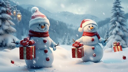 Obraz premium Christmas snowman and gifts