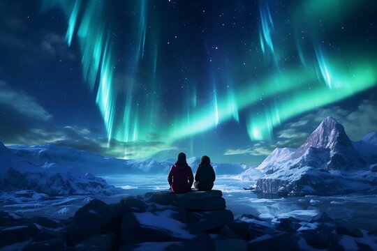 AI generated illustration of two people sitting against an icy landscape under Aurora Borealis