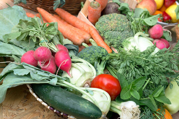 Vegetables and fruits, fresh organic vegetables on table, healthy vegetarian food - 672415466