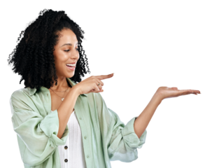 Woman, hand and presentation for offer, deal or discount with vacation, trip or travel in Cuba. Person, female model and point on isolated or a transparent png background by gesture for information