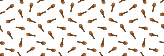 A clove bud on a white background, Aromatic Flower Buds Used As Spices. Seamless pattern. - obrazy, fototapety, plakaty