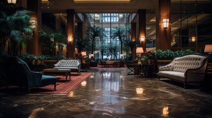 Fancy Hotel Lounge, Upscale Lobby for Business Conference or Travel Vacation with Classic Interior and Furniture, Indoor Plants, High Ceilings and Windows