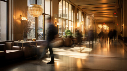 Modern Hotel Lobby with Blurry People Walking Showing Motion and Activity at Business Conference or Travel Vacation