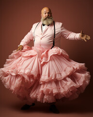  cheerful grey haired bearded fat man in a pink ballerina tutu and jacket on a pink...