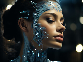 futuristic device on the face and around the head of a young woman. introduction of artificial intelligence in cosmetology and medicine.