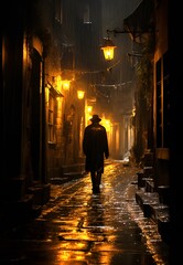 man walking down a dark narrow street, lantern narrow stone street at night, dark amber, atmospheric