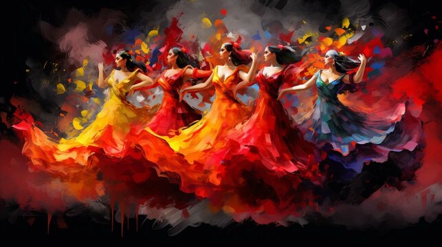Flamenco Spanish Dancers abstract art with vivid passionate colors, digital art