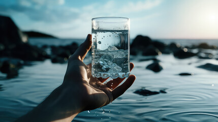 Clear glass with crystal clear drinking water. Creative concept of benefits of water enriched with...