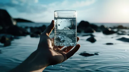 Foto op Plexiglas Clear glass with crystal clear drinking water. Creative concept of benefits of water enriched with minerals and vitamins.  © dinastya